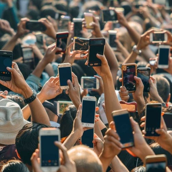 Crowd of people holding up phones at an event.